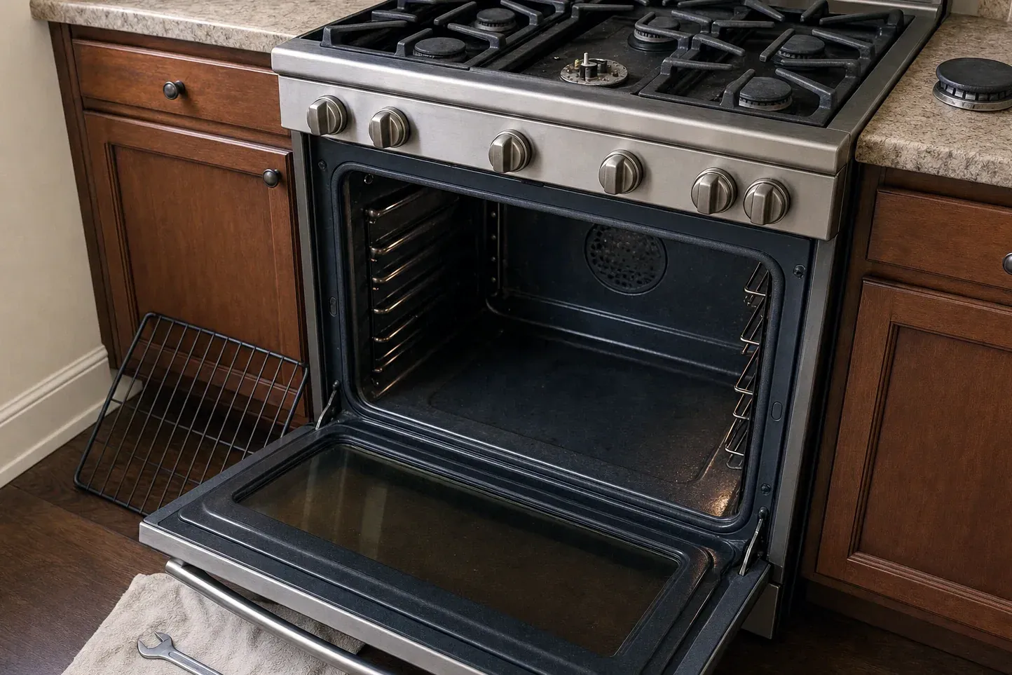 Stainless gas range with oven door open and rack leaning on cabinet
