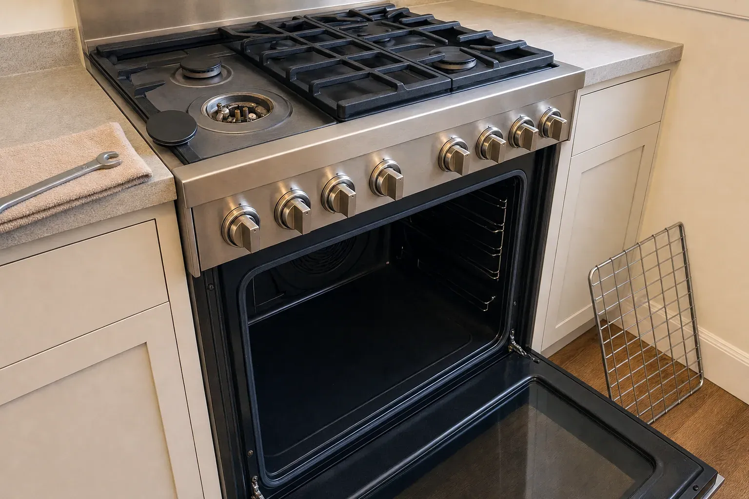 Open oven cavity with rack removed and wrench on towel below