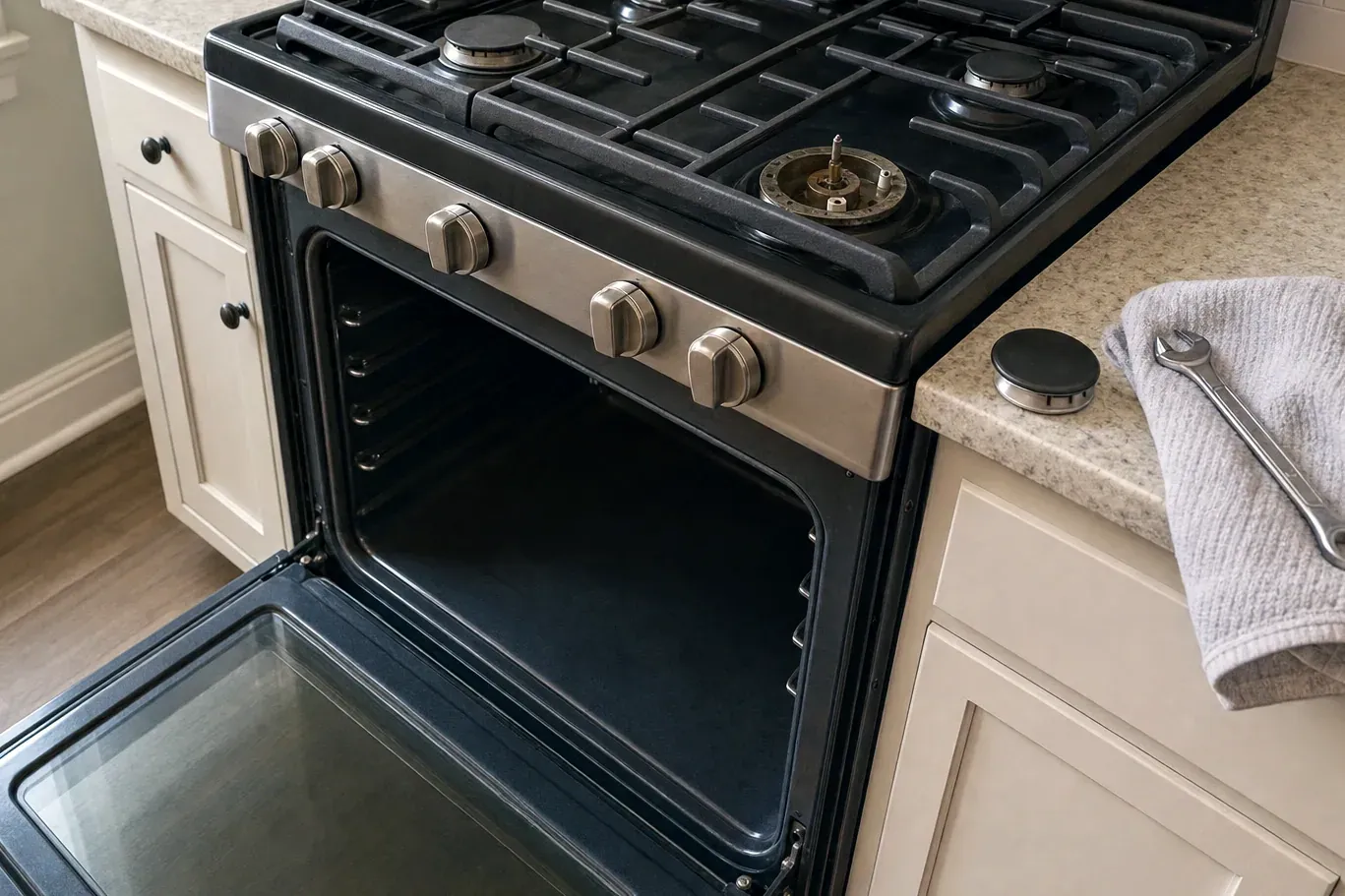 Gas range with open oven and burner cap set on countertop towel