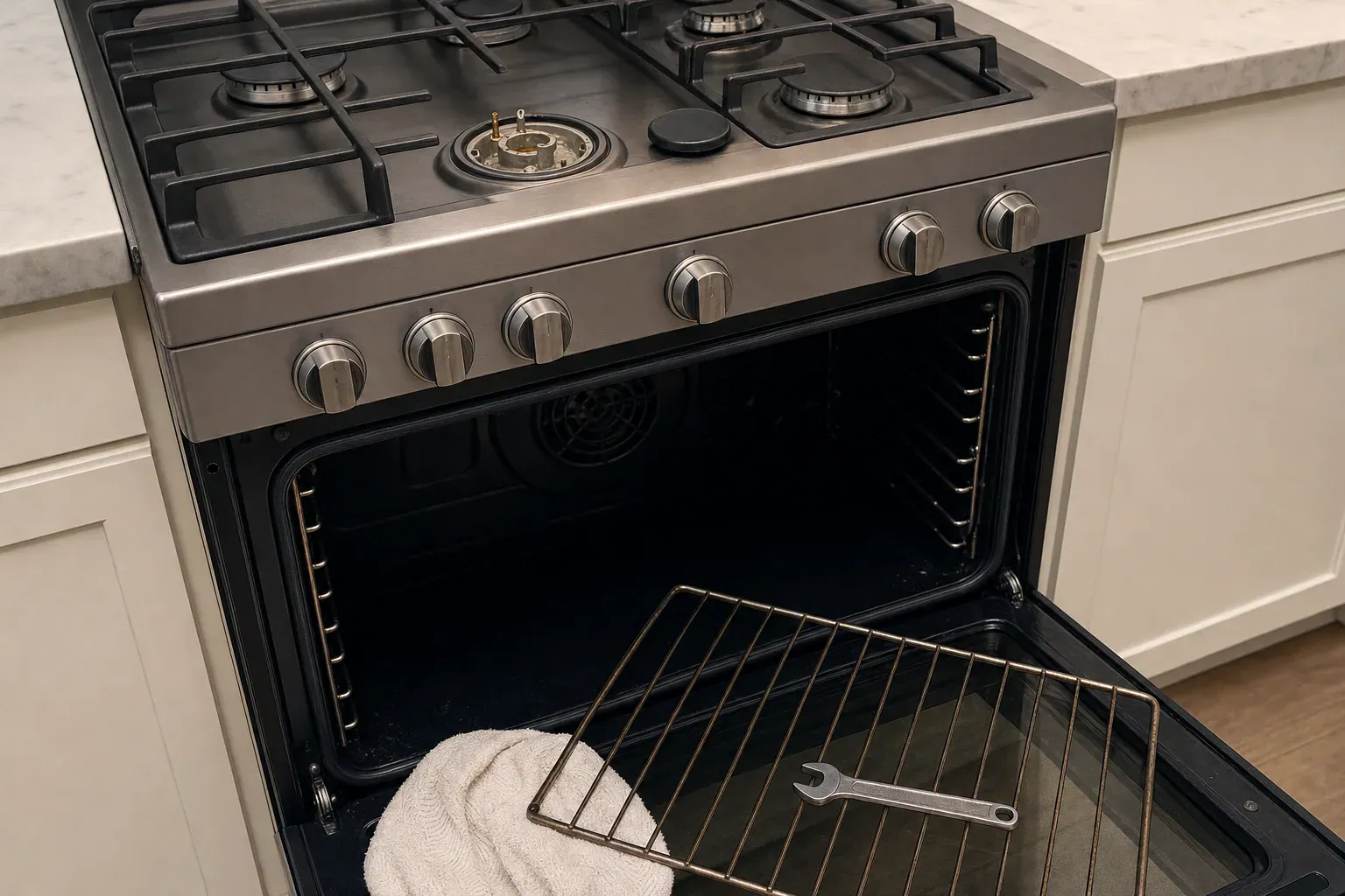 Gas cooktop with burner cap off, open oven and rack on door