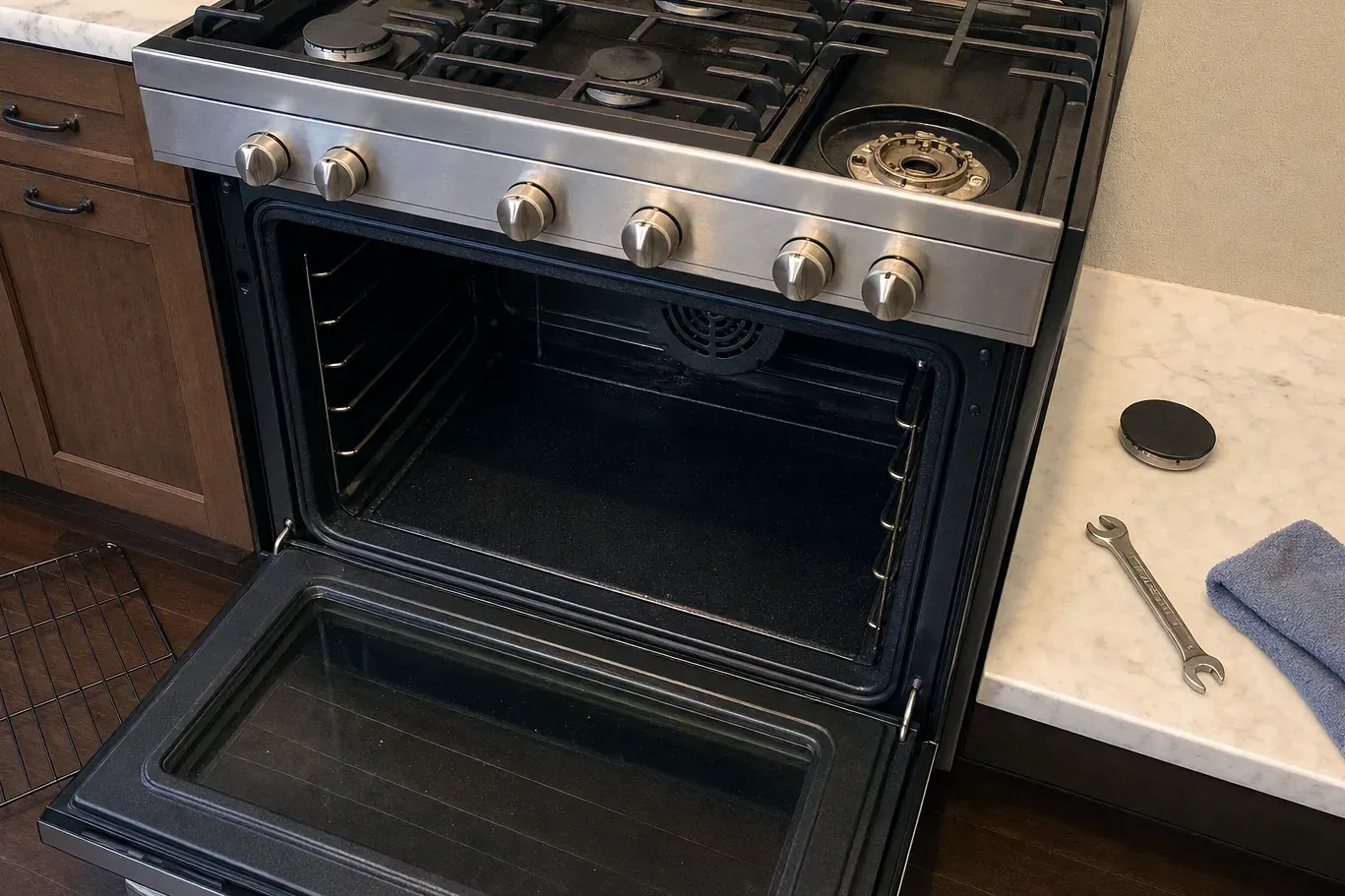 Gas range with open oven, burner head removed on cooktop