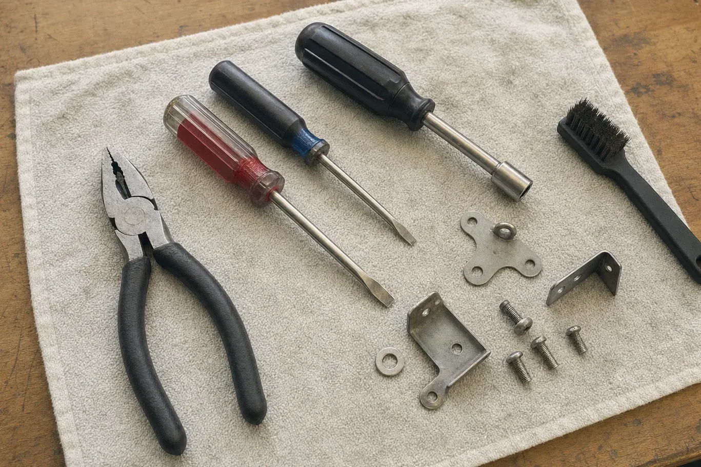 Wire brush, nut driver, screwdrivers, pliers and small brackets