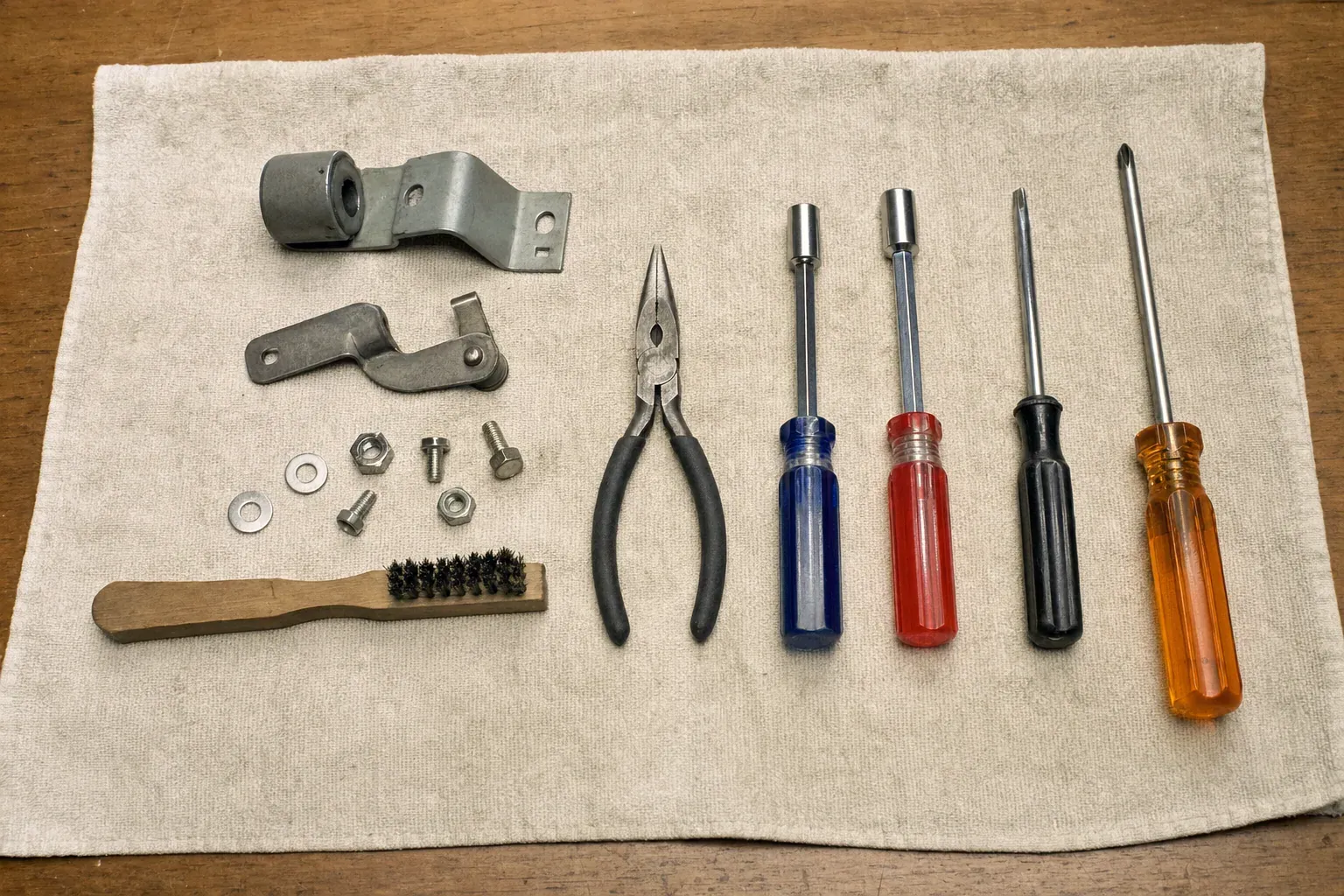 Four screwdrivers, needle nose pliers, wire brush and metal parts