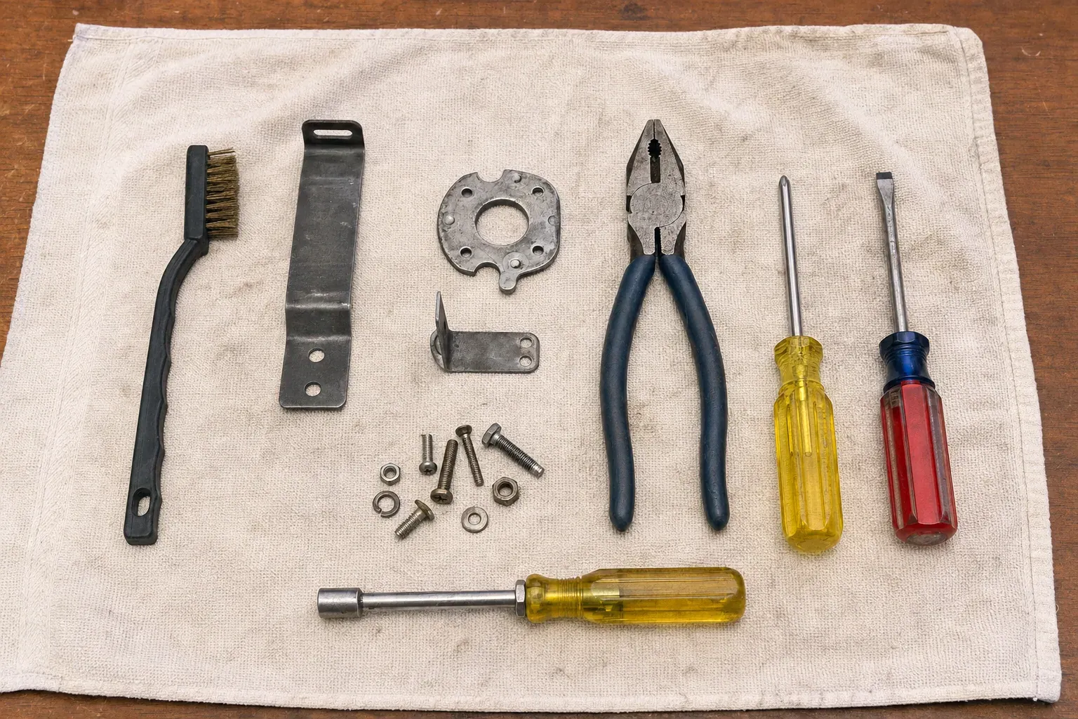 Screwdrivers, pliers, brush, metal plates, brackets and small fasteners