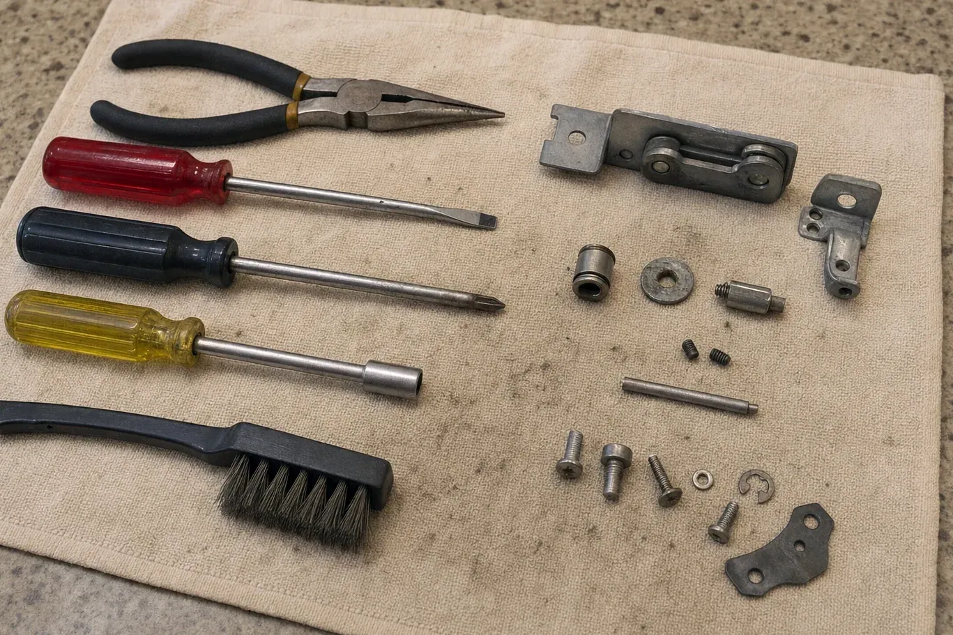Hinge hardware and screwdrivers, pliers and brush on towel