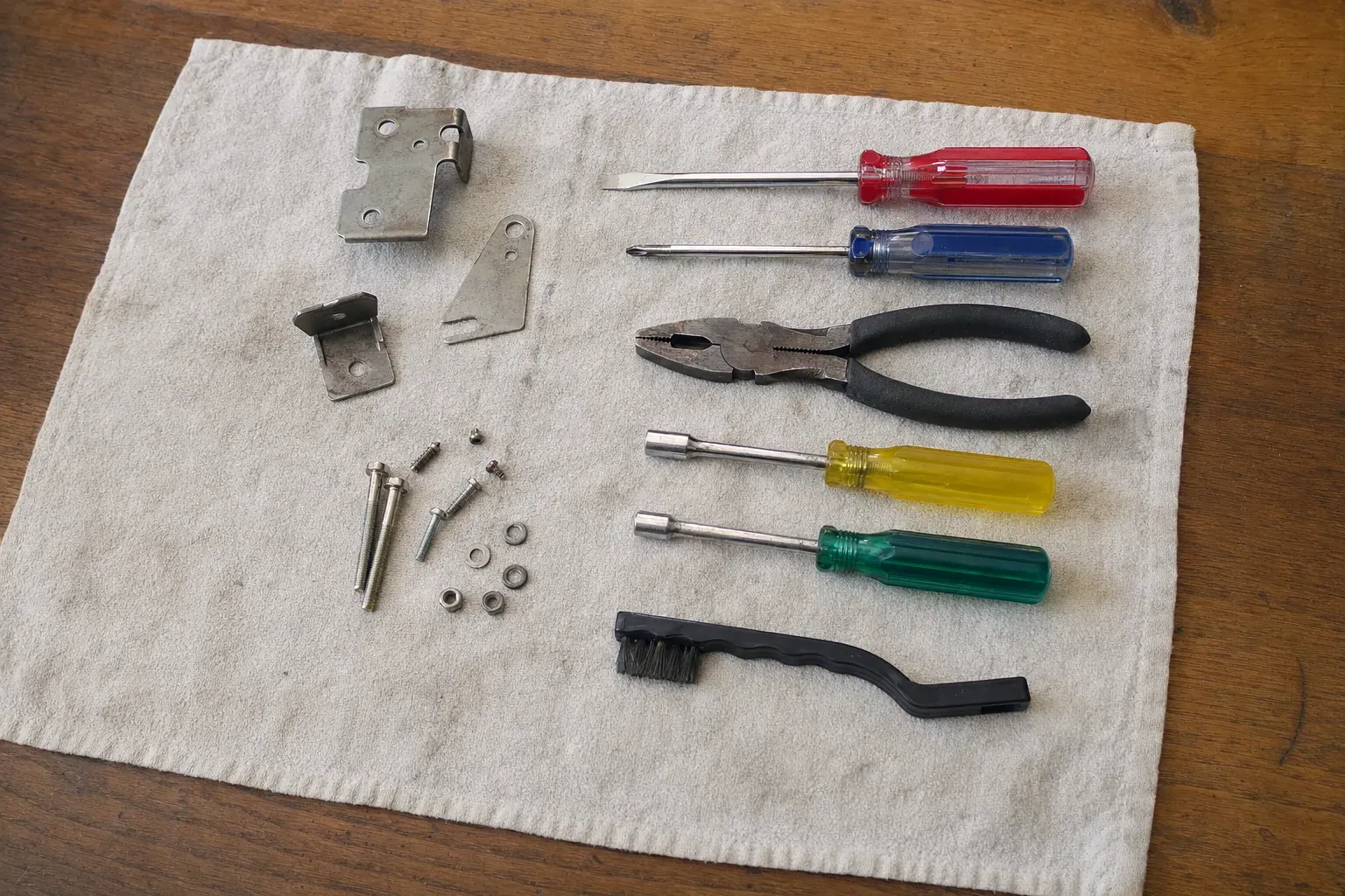Screwdrivers, pliers, brush, brackets and screws on white towel