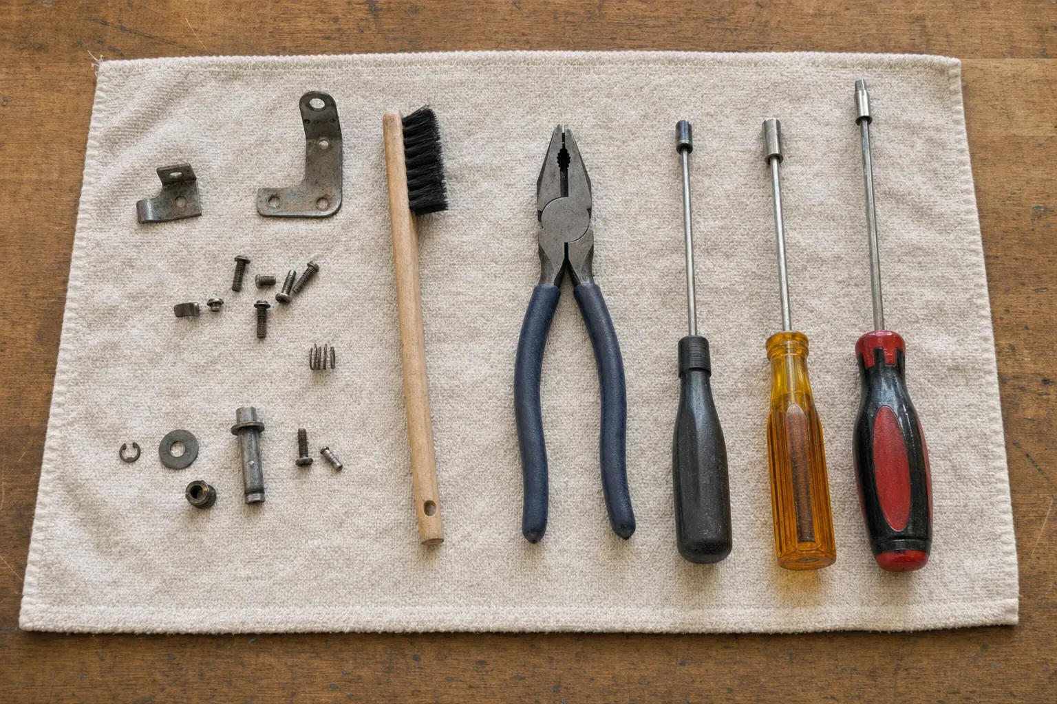 Three screwdrivers, pliers, brush, brackets and screws on towel