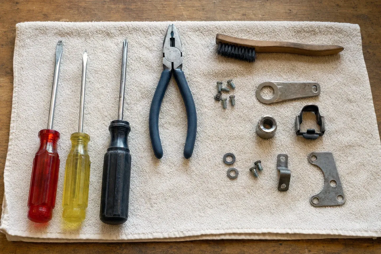 Brush, metal parts, pliers and three screwdrivers on a towel