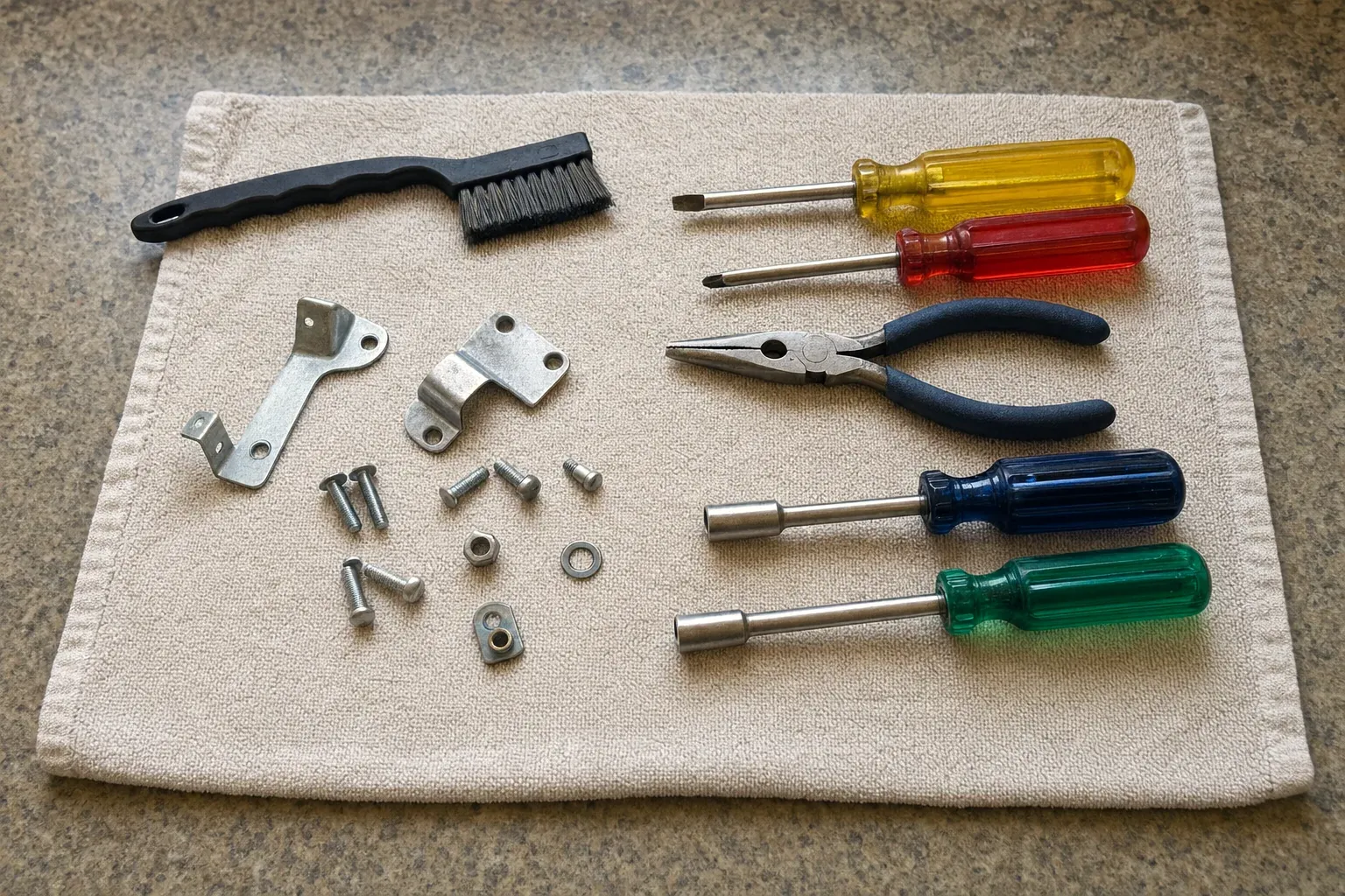 Five screwdrivers, pliers, brush, brackets and bolts on towel
