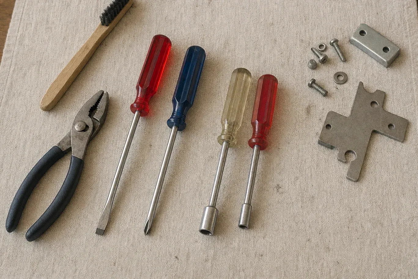 Four screwdrivers, pliers, wire brush and metal plates on canvas