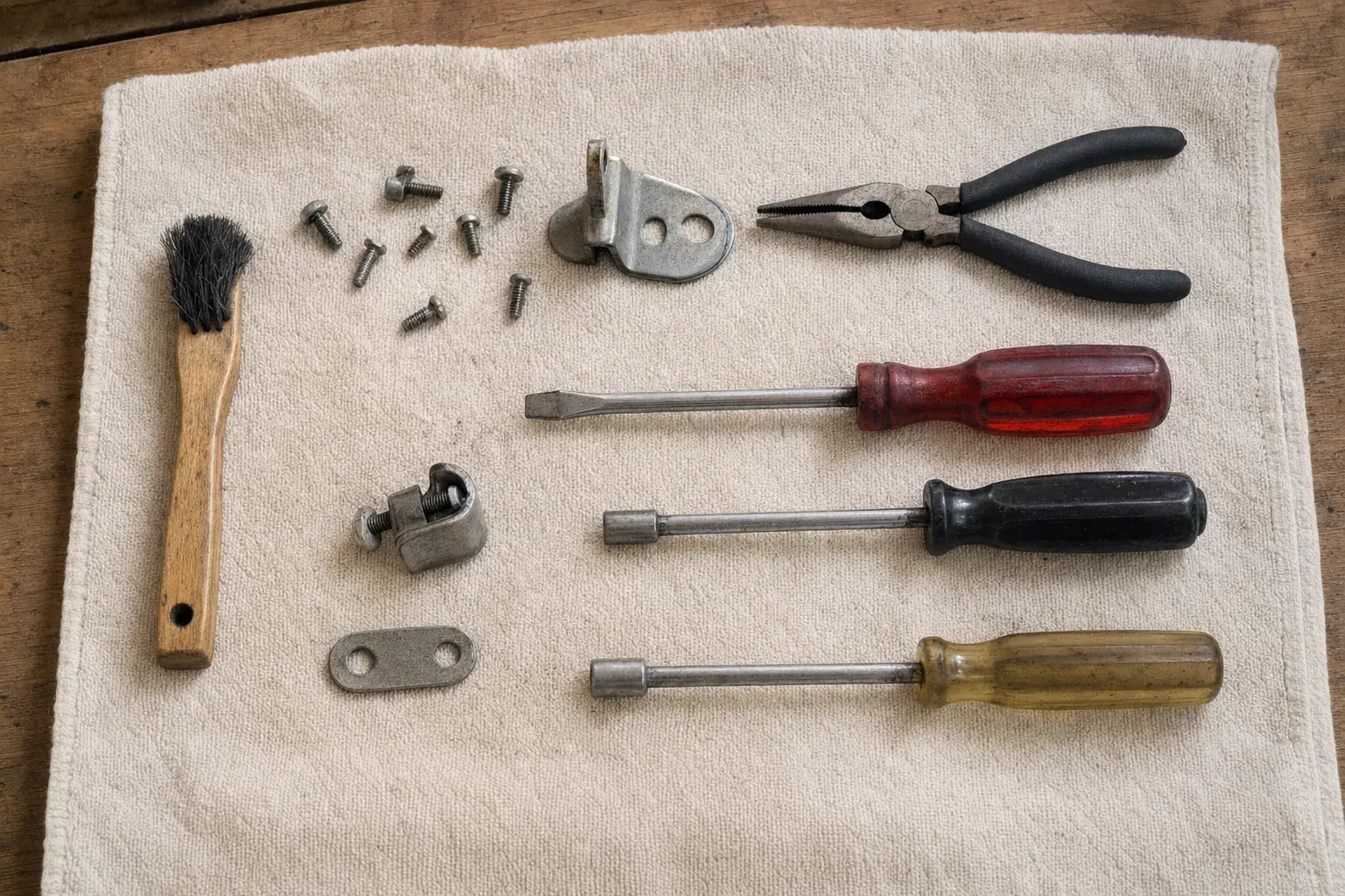 Pliers, three screwdrivers, wire brush and screws laid on cloth