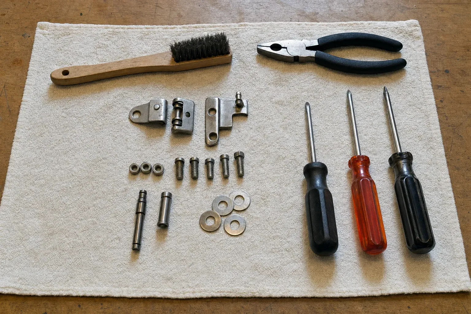 Pliers, wire brush, three screwdrivers, hinges, bolts and washers