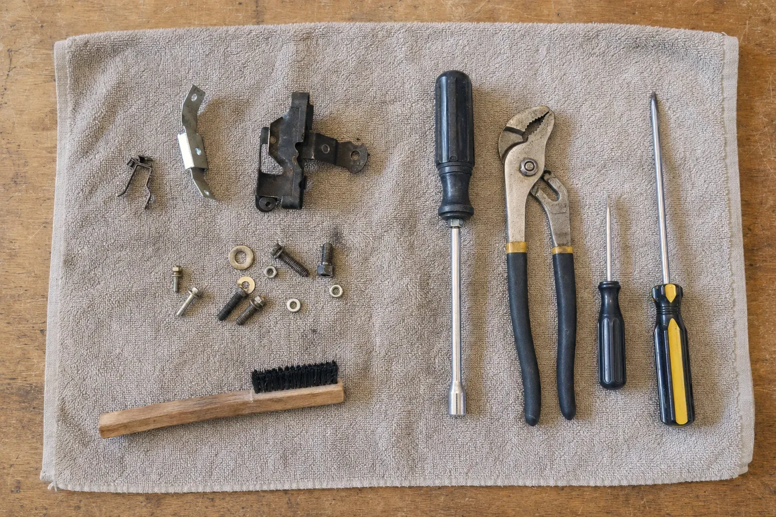 Screwdrivers, channel pliers, brush, hinge pieces and bolts on towel