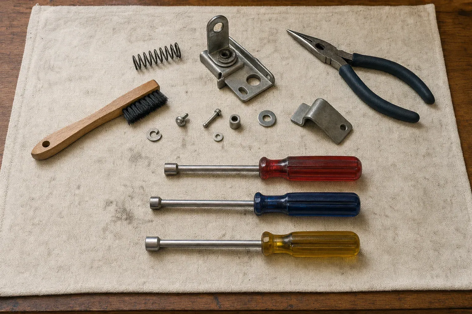 Needle-nose pliers, nut drivers, brush, bracket and spring on cloth